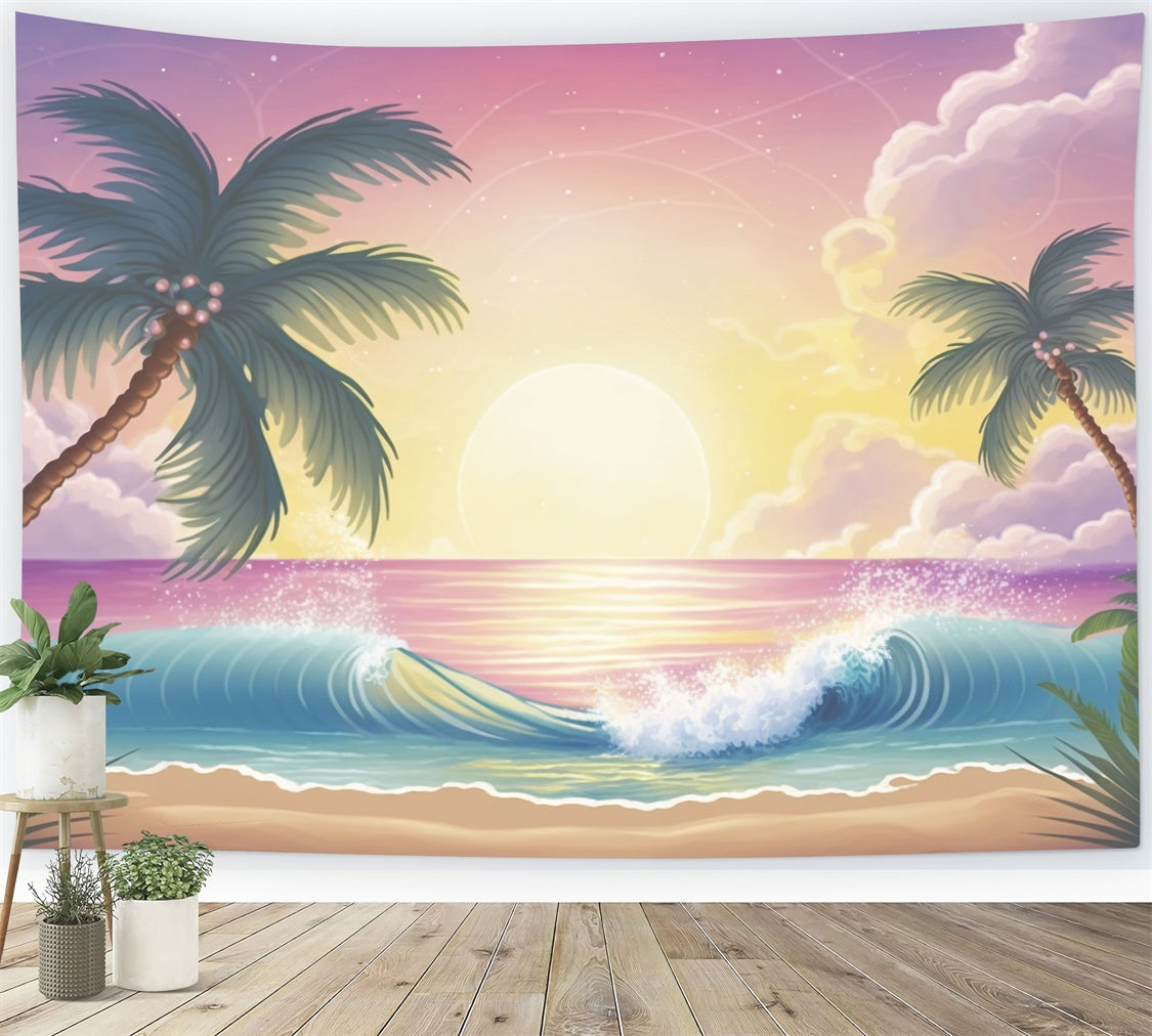 Beach Photo Backdrop Sunrise Palm Ocean Wave Summer Backdrop GTY3-379