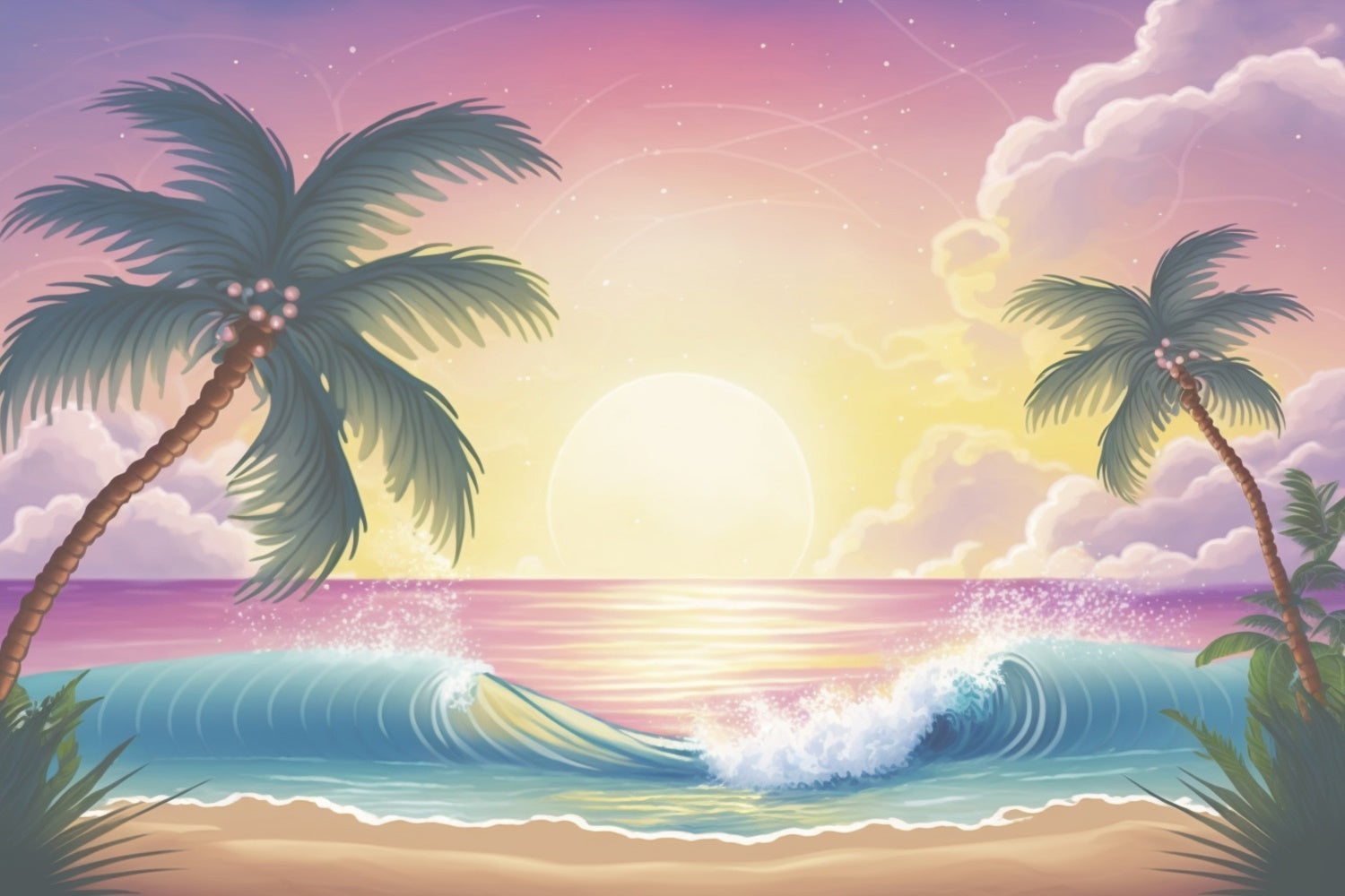 Beach Photo Backdrop Sunrise Palm Ocean Wave Summer Backdrop GTY3-379