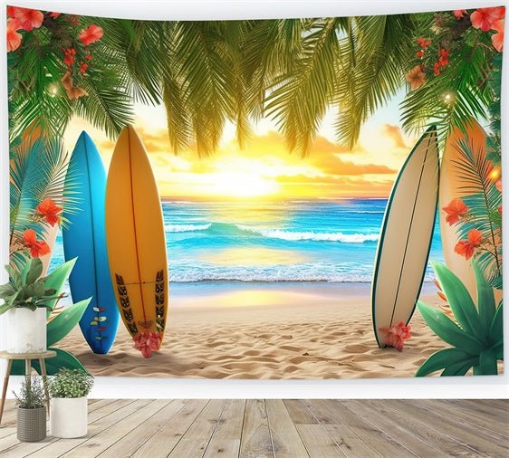 Beach Backdrop Colorful Surfboards Palm Leaves Summer Backdrop GTY3-384