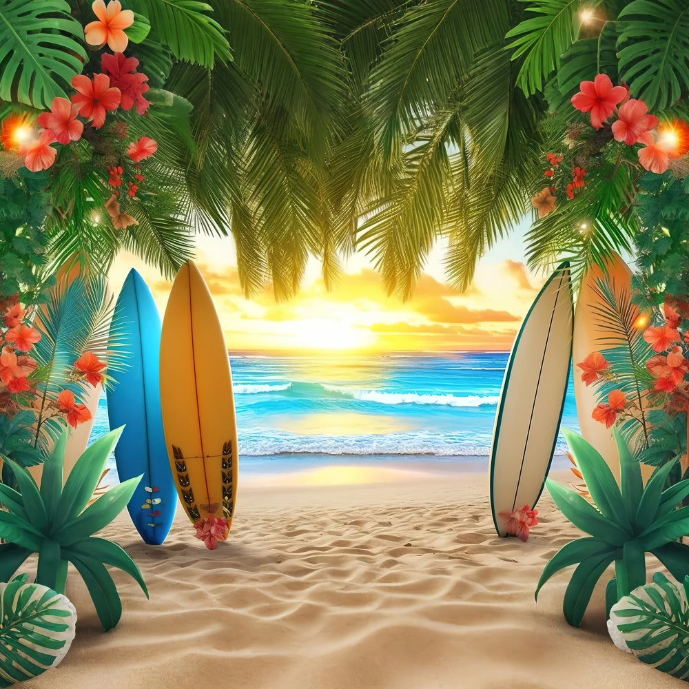 Beach Backdrop Colorful Surfboards Palm Leaves Summer Backdrop GTY3-384