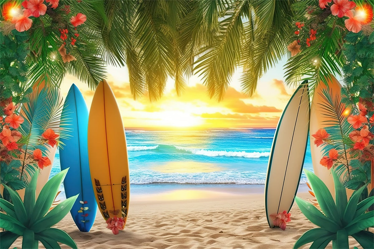 Beach Backdrop Colorful Surfboards Palm Leaves Summer Backdrop GTY3-384