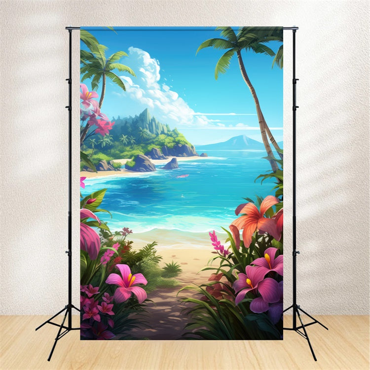 Beach Photography Backdrop Blue Sky Floral Trail Summer Backdrop GTY3-385