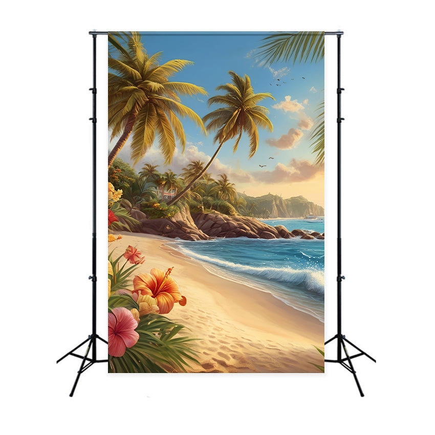 Photo Backdrop Beach Palm Tree Coastal Flowers Summer Backdrop GTY3-386