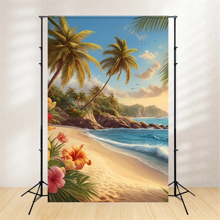 Photo Backdrop Beach Palm Tree Coastal Flowers Summer Backdrop GTY3-386