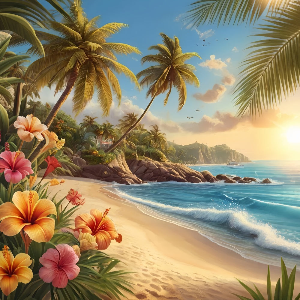 Photo Backdrop Beach Palm Tree Coastal Flowers Summer Backdrop GTY3-386