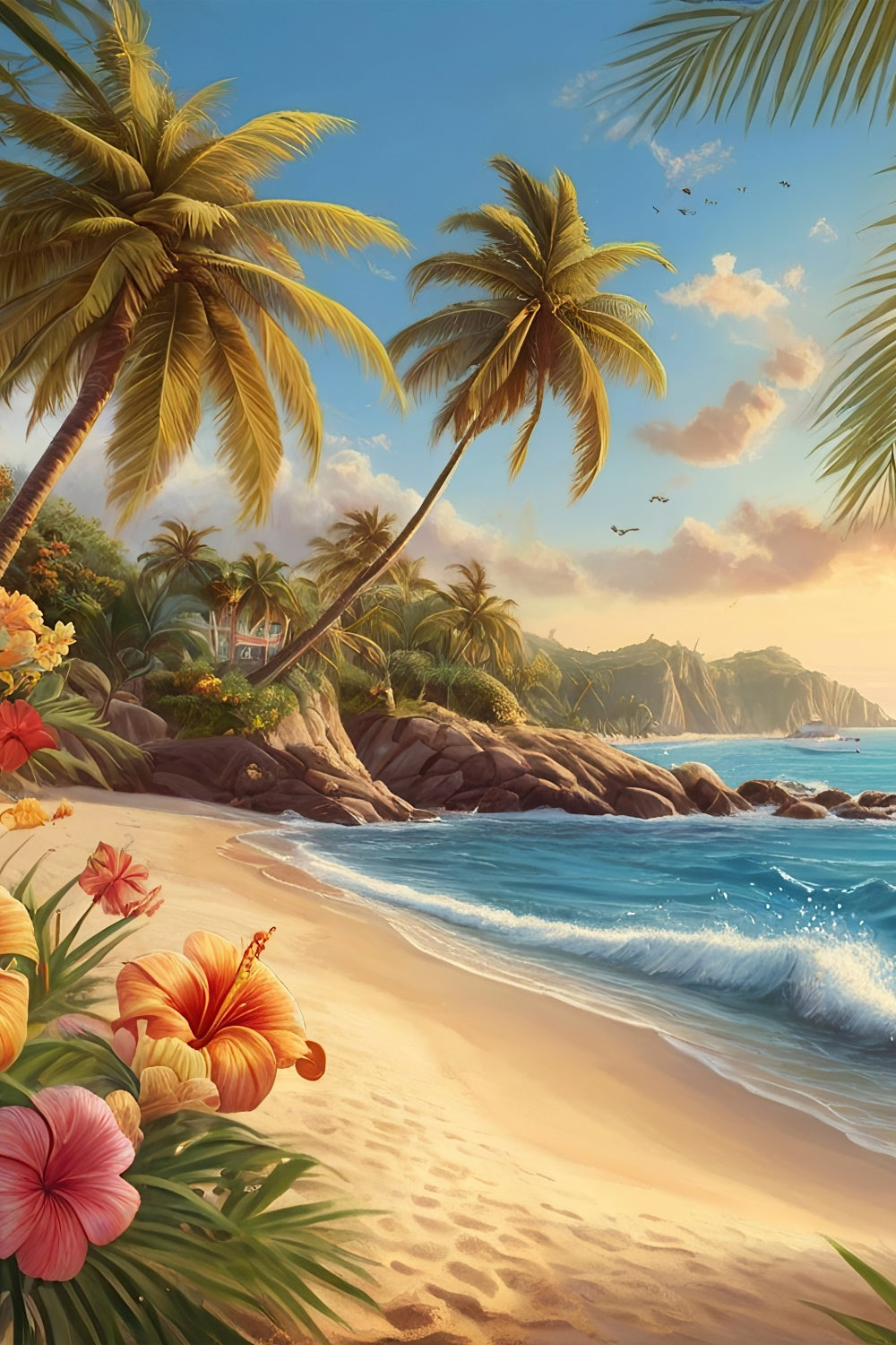 Photo Backdrop Beach Palm Tree Coastal Flowers Summer Backdrop GTY3-386