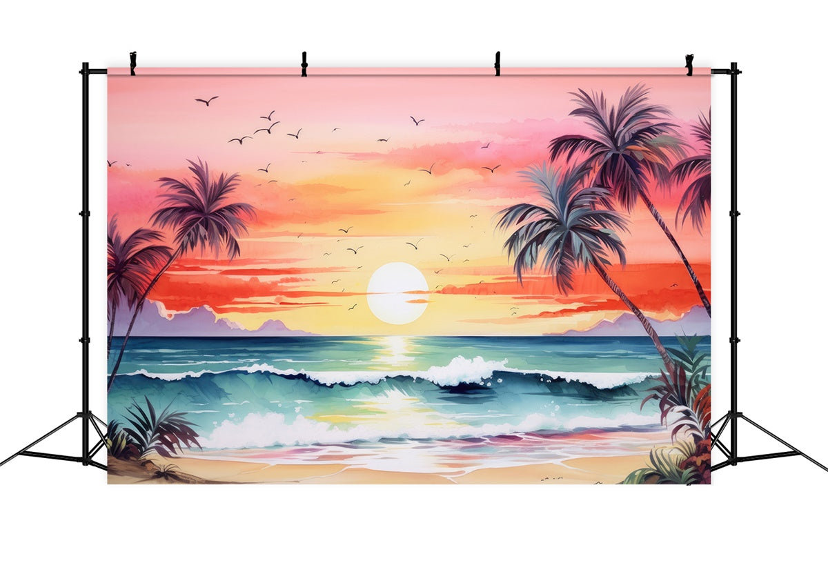Beach Photo Backdrop Sunset Tree Ocean Wave Summer Backdrop GTY3-388