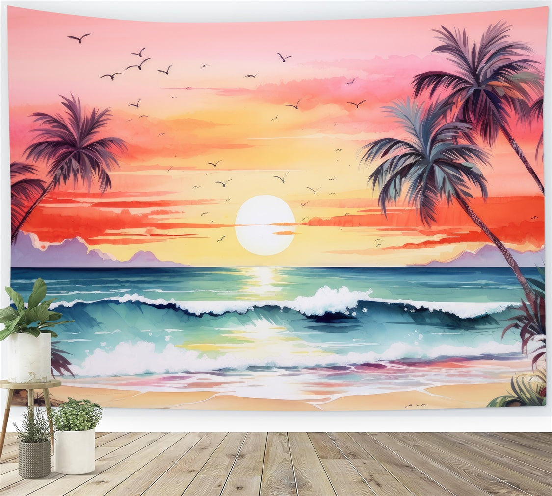 Beach Photo Backdrop Sunset Tree Ocean Wave Summer Backdrop GTY3-388