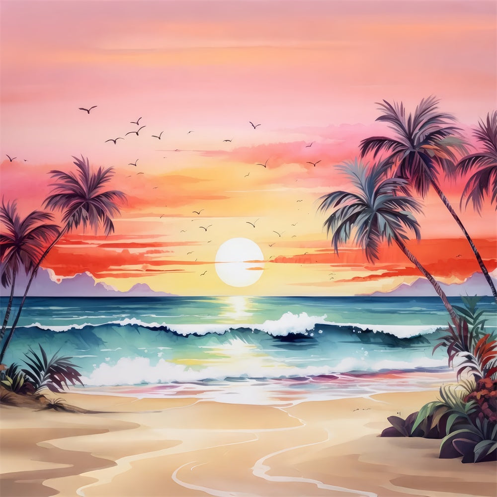 Beach Photo Backdrop Sunset Tree Ocean Wave Summer Backdrop GTY3-388