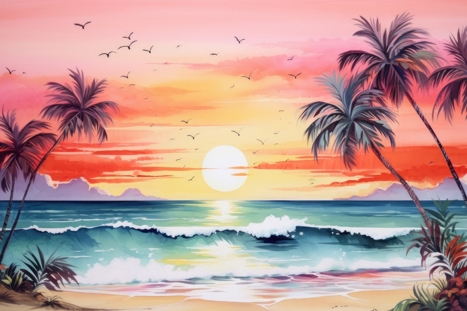 Beach Photo Backdrop Sunset Tree Ocean Wave Summer Backdrop GTY3-388