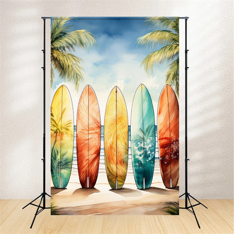 Summer Photo Backdrop Colorful Surfboards Palm Sky Backdrop GTY3-390