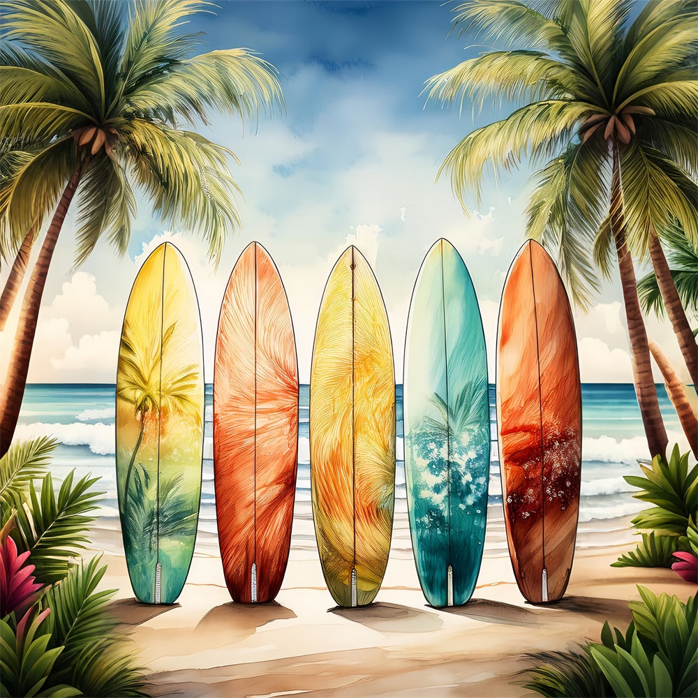 Summer Photo Backdrop Colorful Surfboards Palm Sky Backdrop GTY3-390