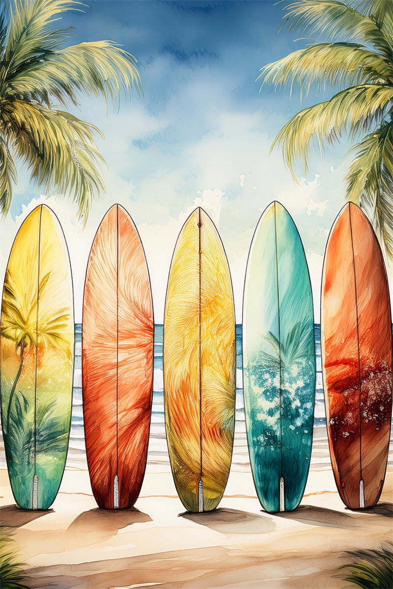 Summer Photo Backdrop Colorful Surfboards Palm Sky Backdrop GTY3-390