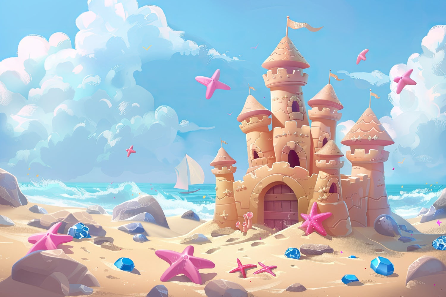 Tropical Beach Backdrop Summer Sandcastle Dream World Backdrop GTY3-391