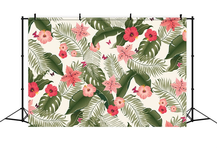 Tropical Photo Backdrop Tropical Leaves Pink Blooms Backdrop GTY3-393