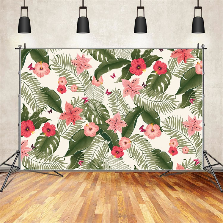 Tropical Photo Backdrop Tropical Leaves Pink Blooms Backdrop GTY3-393