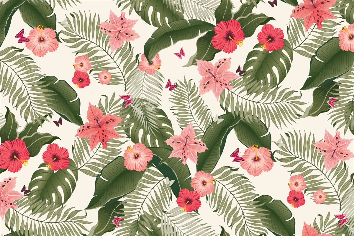 Tropical Photo Backdrop Tropical Leaves Pink Blooms Backdrop GTY3-393