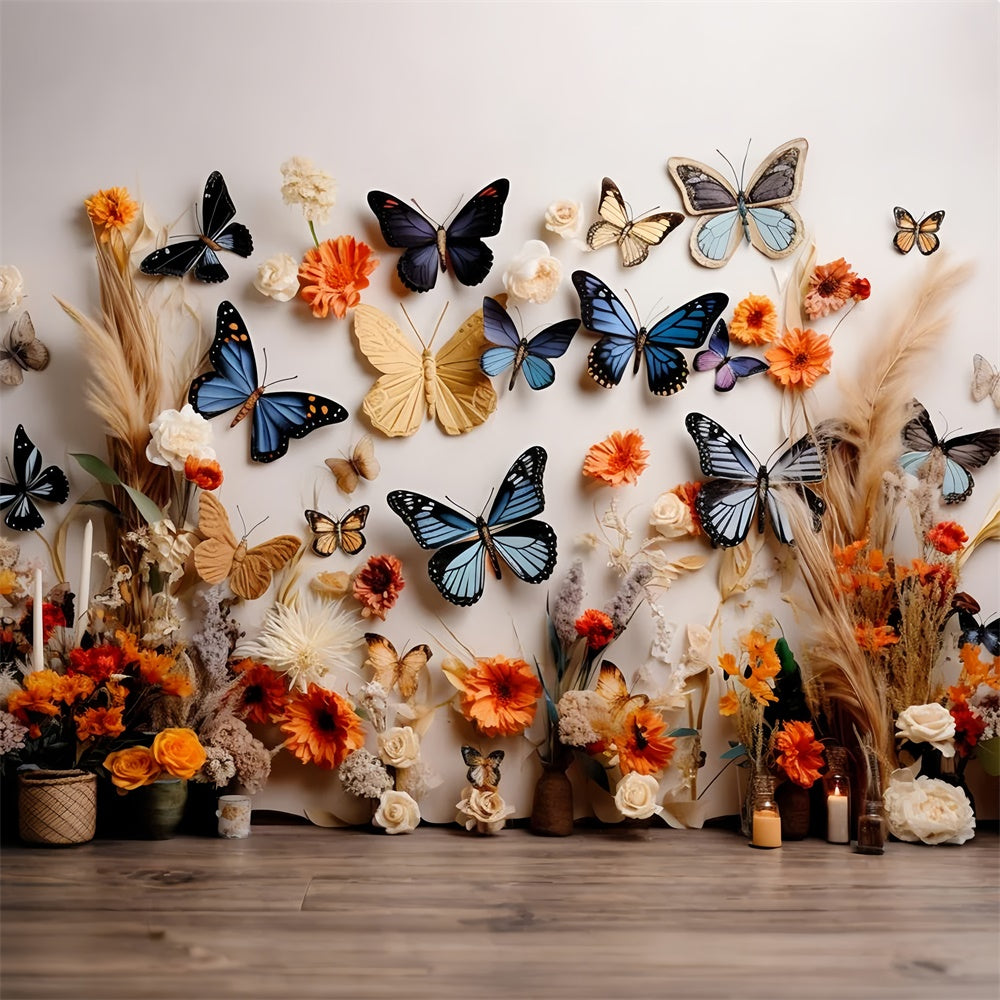 Summer Photo Backdrop Rustic Orange Flower Butterfly Backdrop GTY3-396