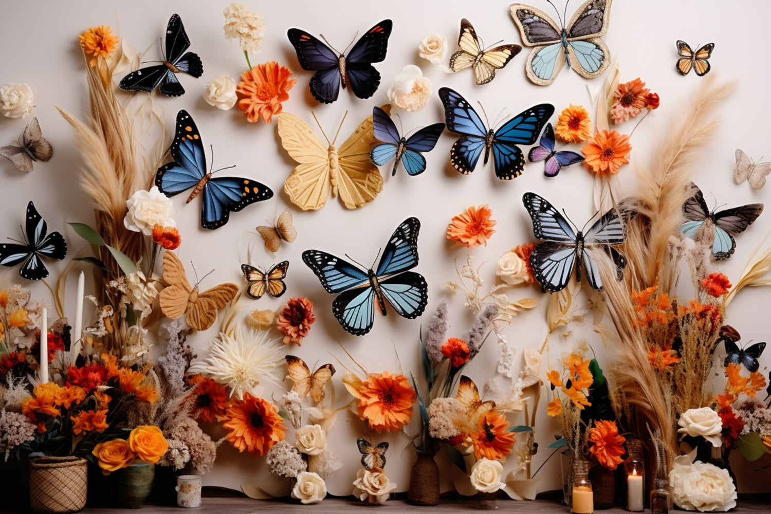 Summer Photo Backdrop Rustic Orange Flower Butterfly Backdrop GTY3-396