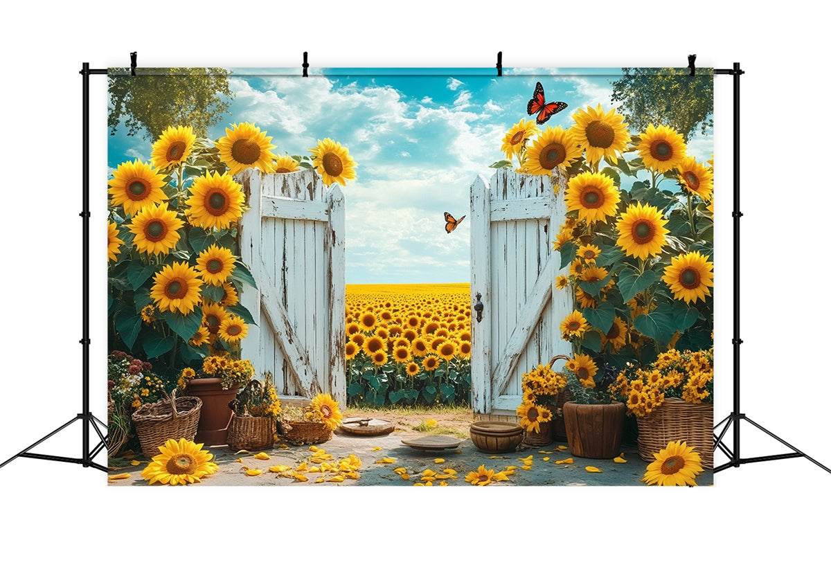 Sunflower Photo Backdrop Rustic Gate Sunflower Summer Backdrop GTY3-398