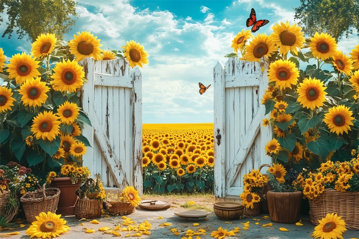 Sunflower Photo Backdrop Rustic Gate Sunflower Summer Backdrop GTY3-398
