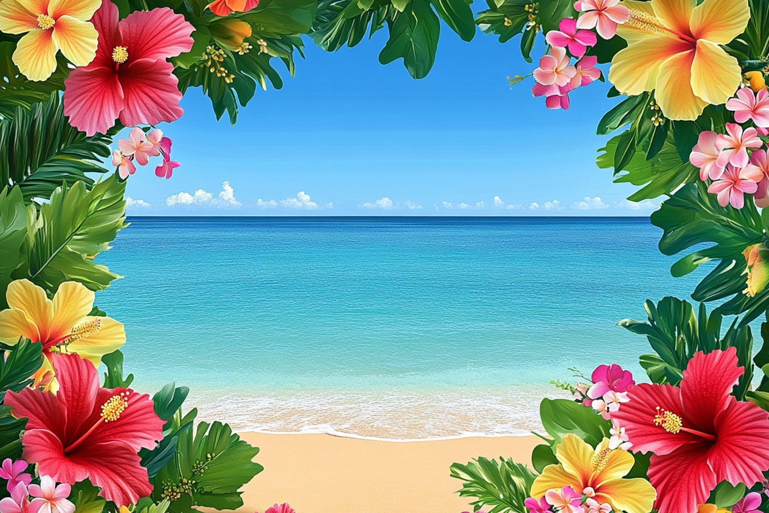 Tropical Beach Backdrop Blue Sky Ocean Flower Backdrop GTY3-399