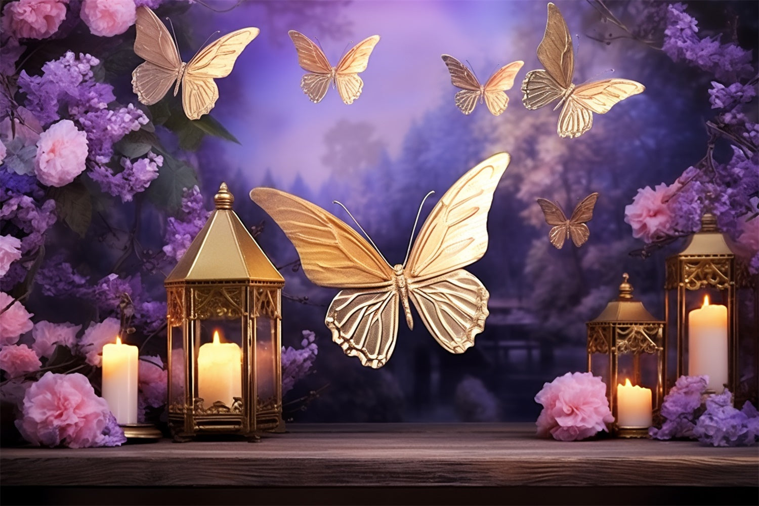 Summer Backdrop Golden Butterfly Lantern Twilight Backdrop GTY3-402