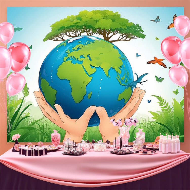Happy Earth Day Backdrop Hands Protecting Earth Greenery Backdrop GTY3-49
