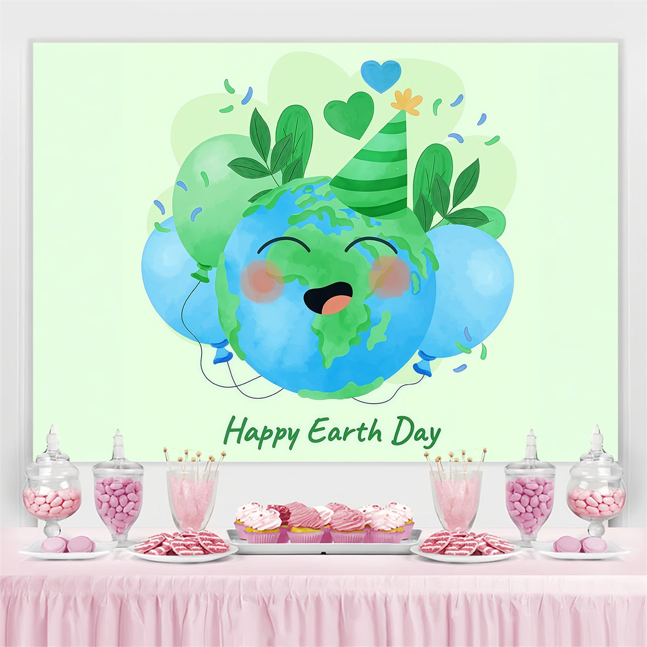 Happy Earth Day Backdrop Smiling Planet Party Hat Celebration Backdrop GTY3-67