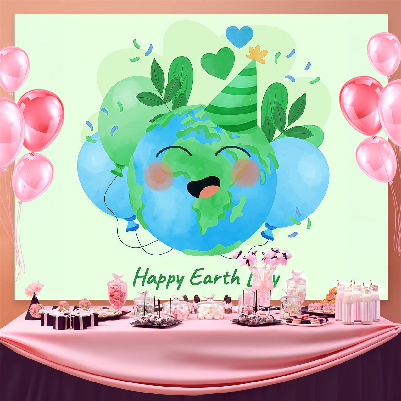 Happy Earth Day Backdrop Smiling Planet Party Hat Celebration Backdrop GTY3-67