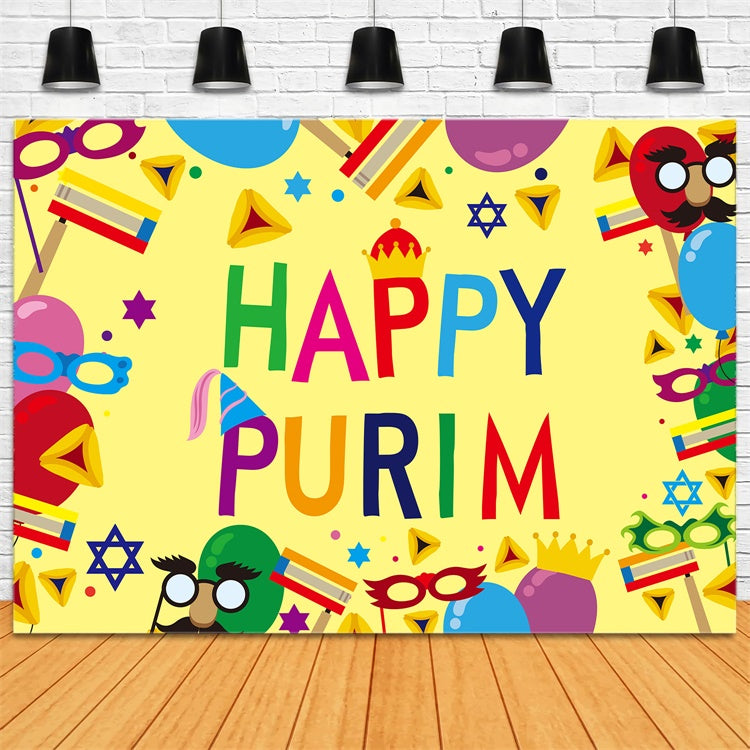 Purim Backdrop Golden Yellow Mask Balloon Backdrop GTY3-7