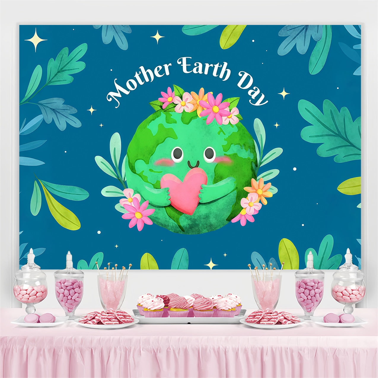 Happy Earth Day Backdrop Floral Love Smiling Planet Backdrop GTY3-73
