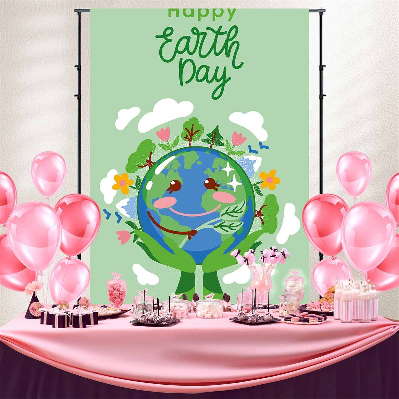 Happy Earth Day Backdrop Green Hands Holding Earth Backdrop GTY3-75