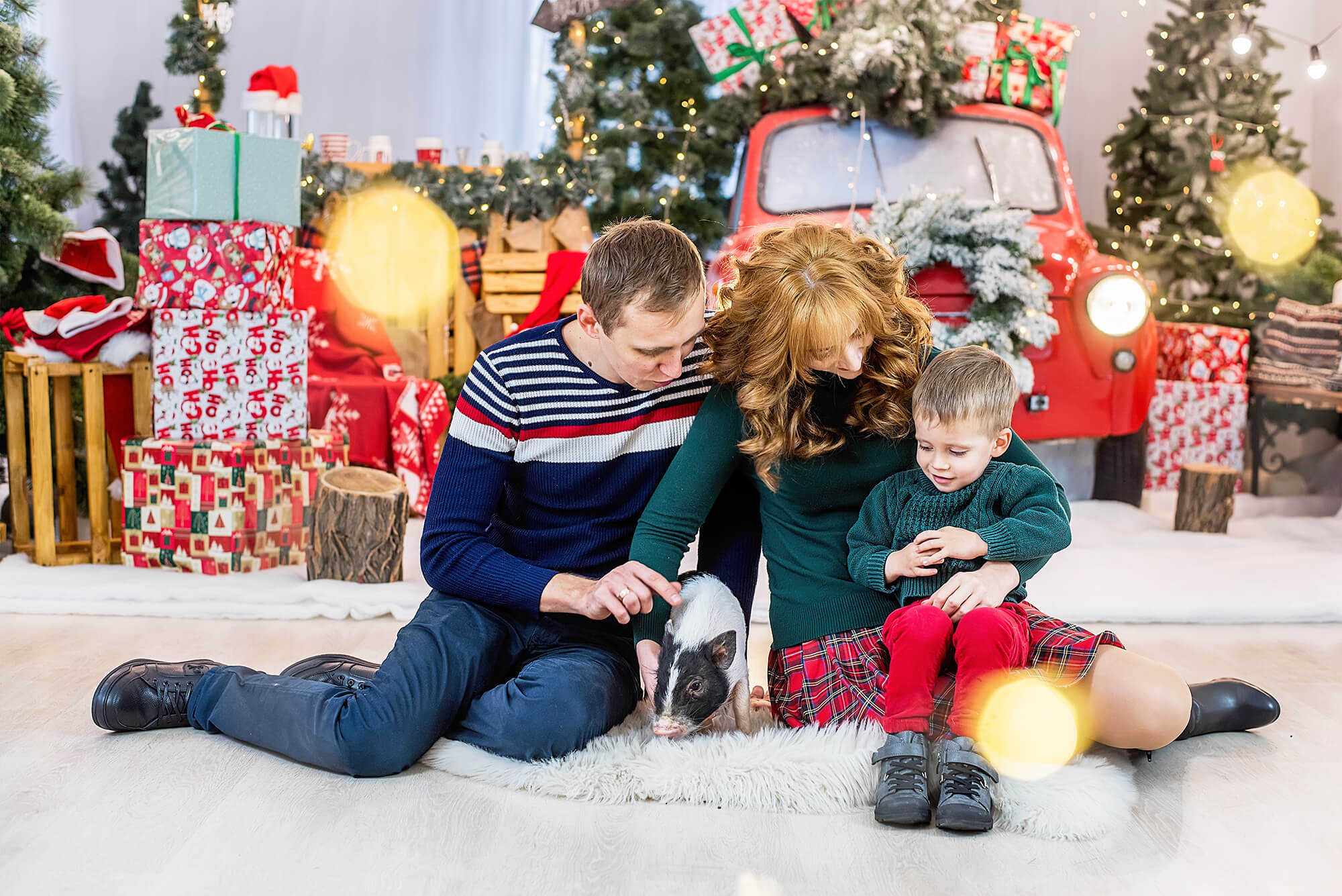 Red Car Christmas Decor New Year Lights Photo Backdrop KAT-181