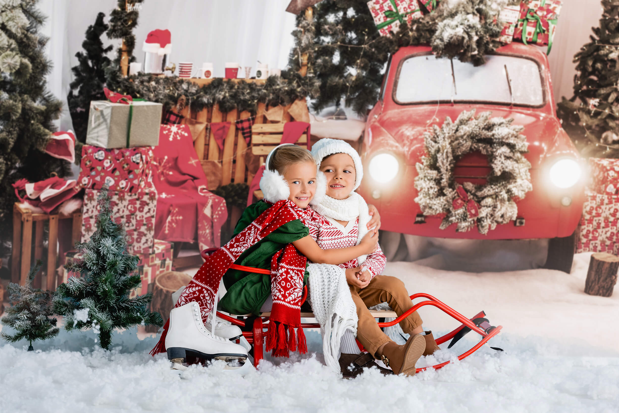 Red Car Christmas Decor New Year Lights Photo Backdrop KAT-181