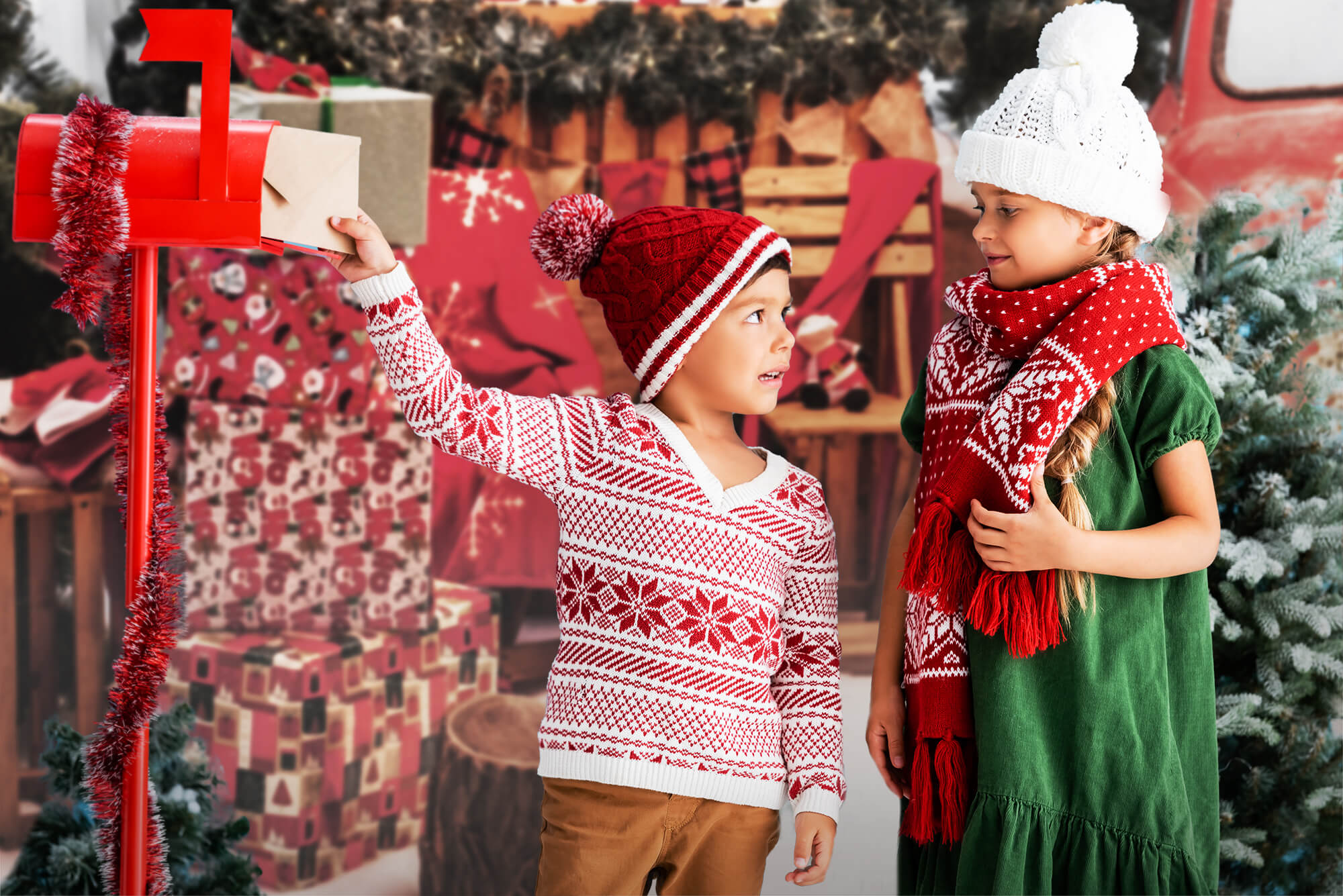 Red Car Christmas Decor New Year Lights Photo Backdrop KAT-181