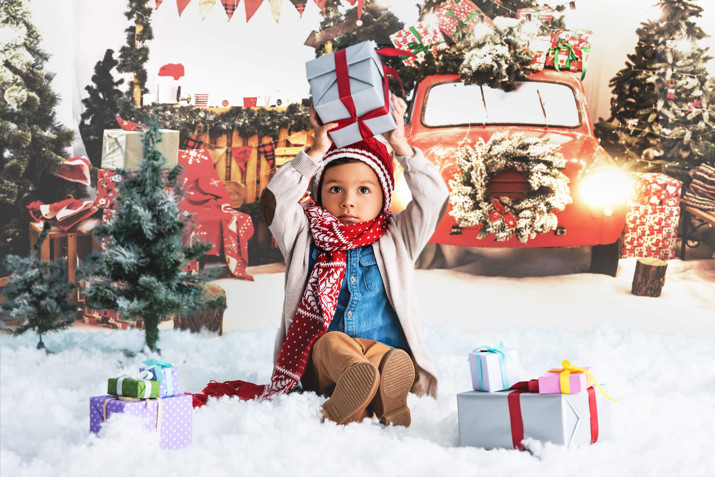 Red Car Christmas Decor New Year Lights Photo Backdrop KAT-181