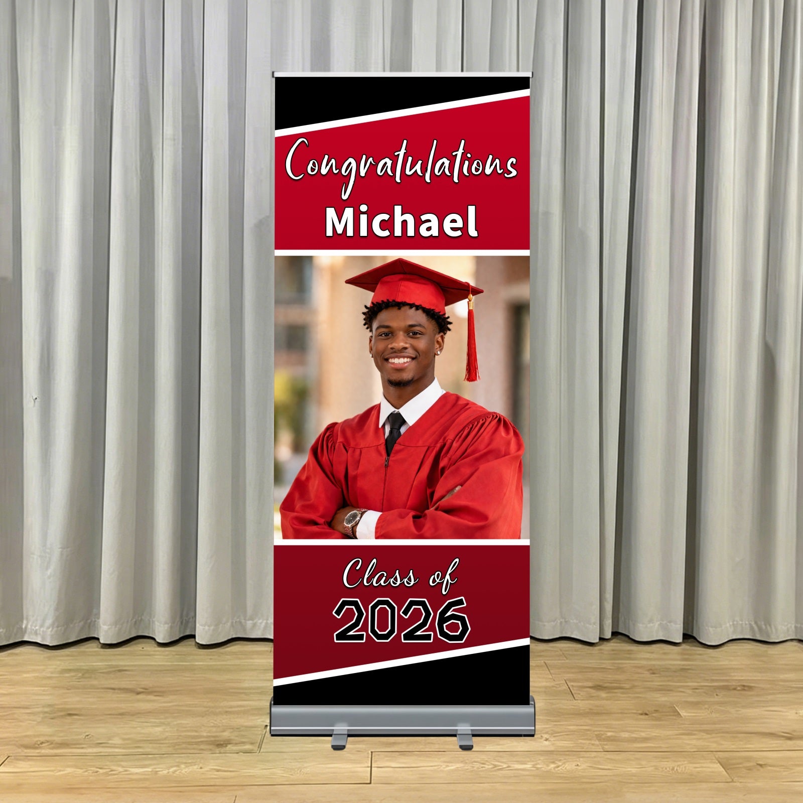 Graduation Retractable Banner Red Black Custom Name Grad Graduation Backdrop Banner LX64-45