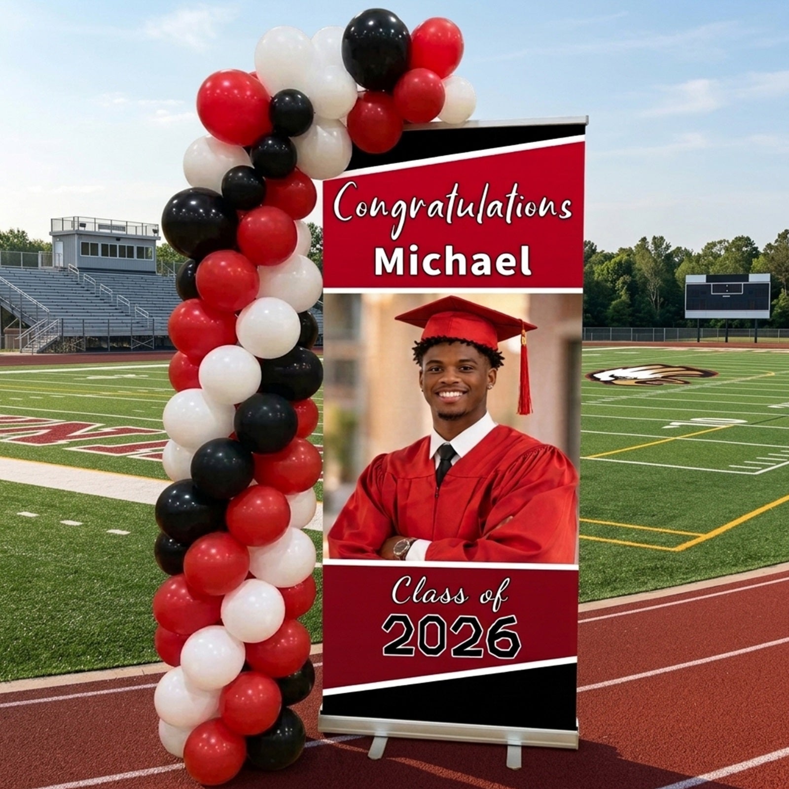 Graduation Retractable Banner Red Black Custom Name Grad Graduation Backdrop Banner LX64-45