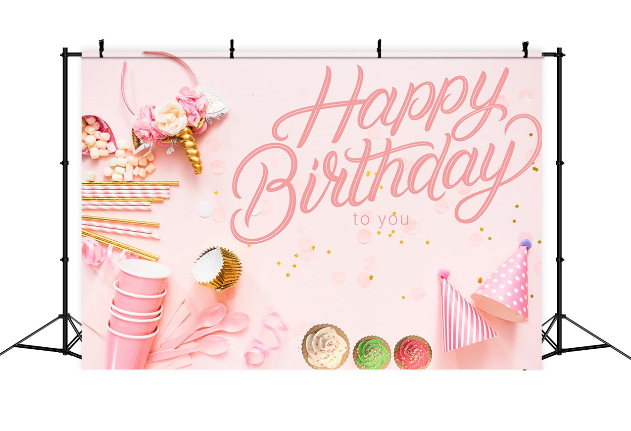 Customize Birthday Backdrop Pink Party Cupcake Photo Backdrop LXX1-249
