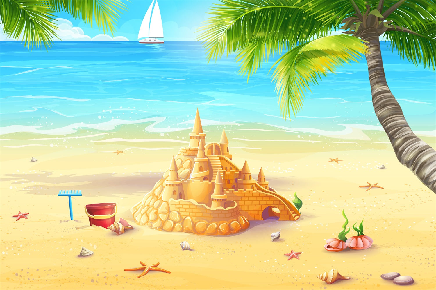 Ocean Sky Backdrop Golden Sandcastle Sunny Ocean Backdrop LXX1-309