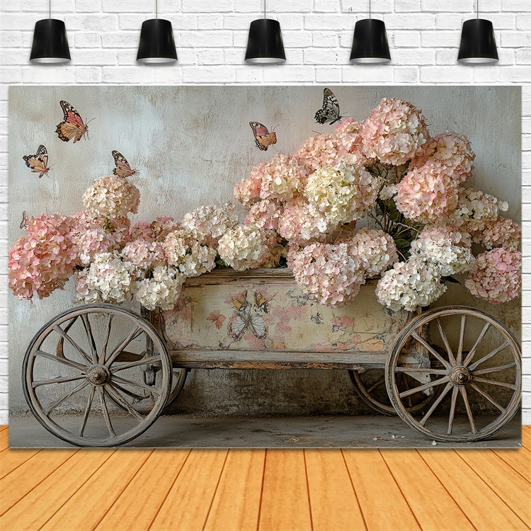 Spring Photo Backdrops Pink Hydrangea Butterfly Cart Backdrop LXX1-5