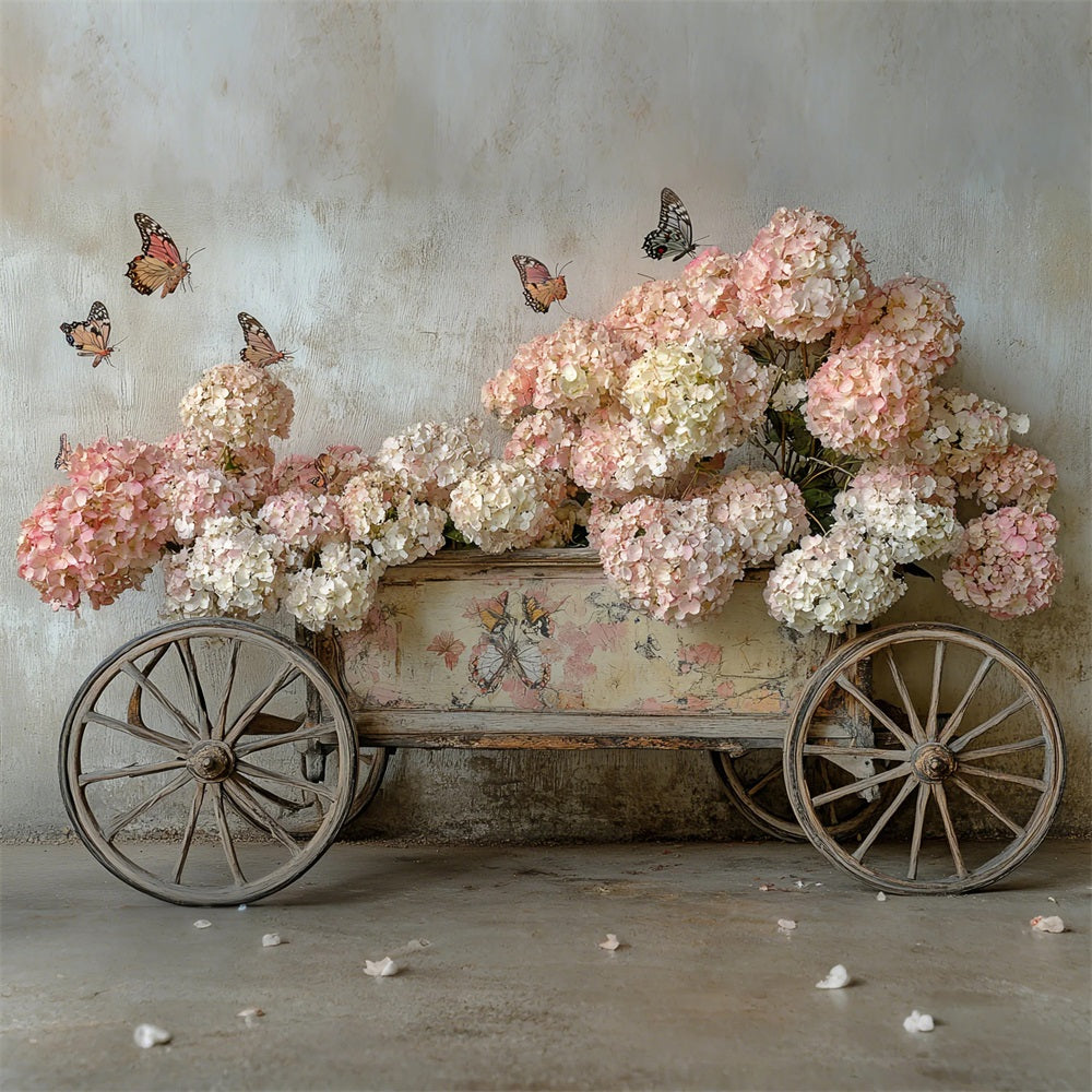 Spring Photo Backdrops Pink Hydrangea Butterfly Cart Backdrop LXX1-5