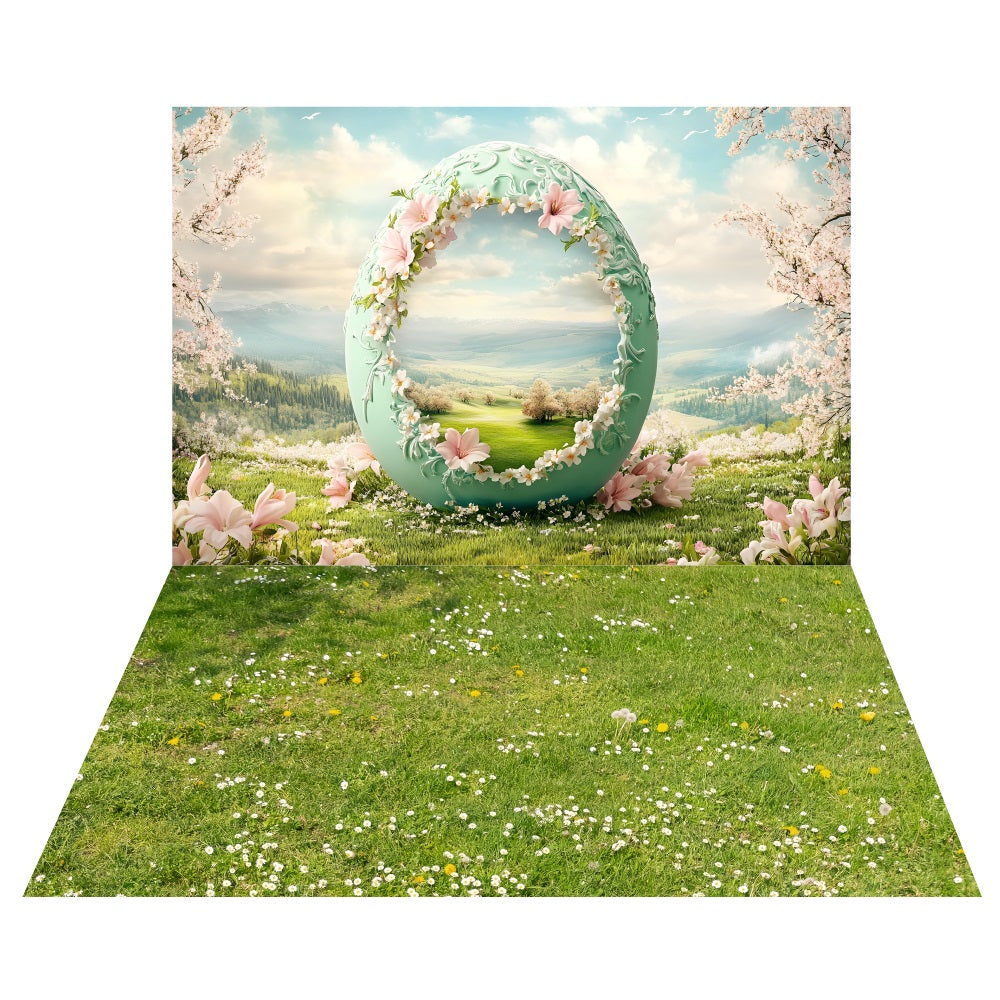 Dreamy Spring Egg Wonderland Backdrop+Lush Daisy Field Floor Backdrop LXX2-200