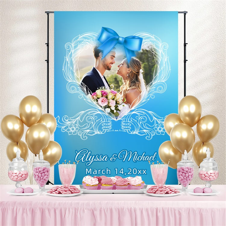 Wedding Backdrops For Photos Blue Bow Frame Personalized Backdrop LXX3-127