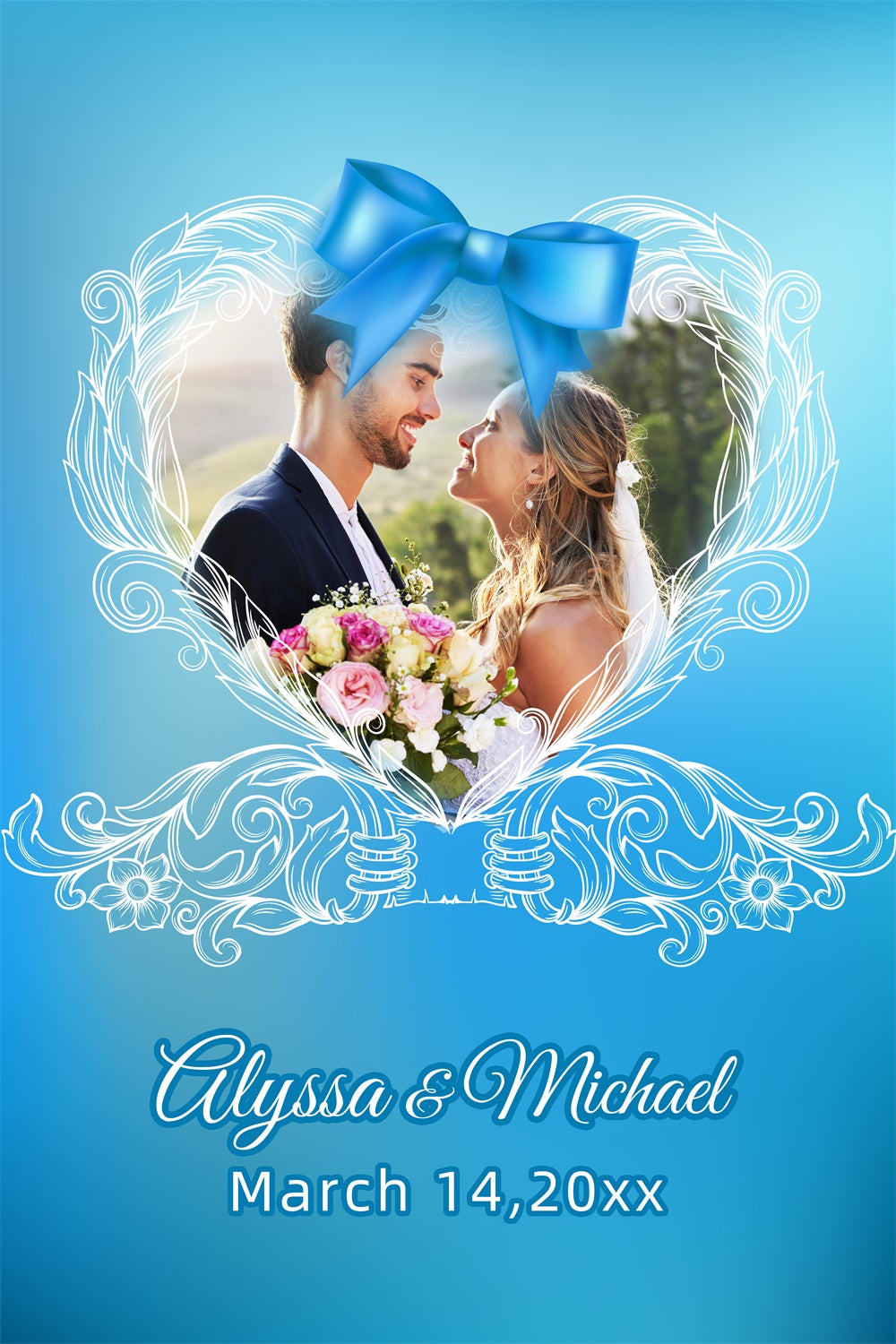 Wedding Backdrops For Photos Blue Bow Frame Personalized Backdrop LXX3-127