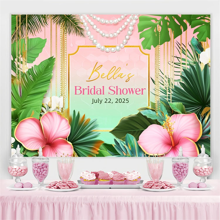 Custom Bridal Shower Photo Backdrop Tropical Palm Leaves Pearl Backdrop LXX3-142