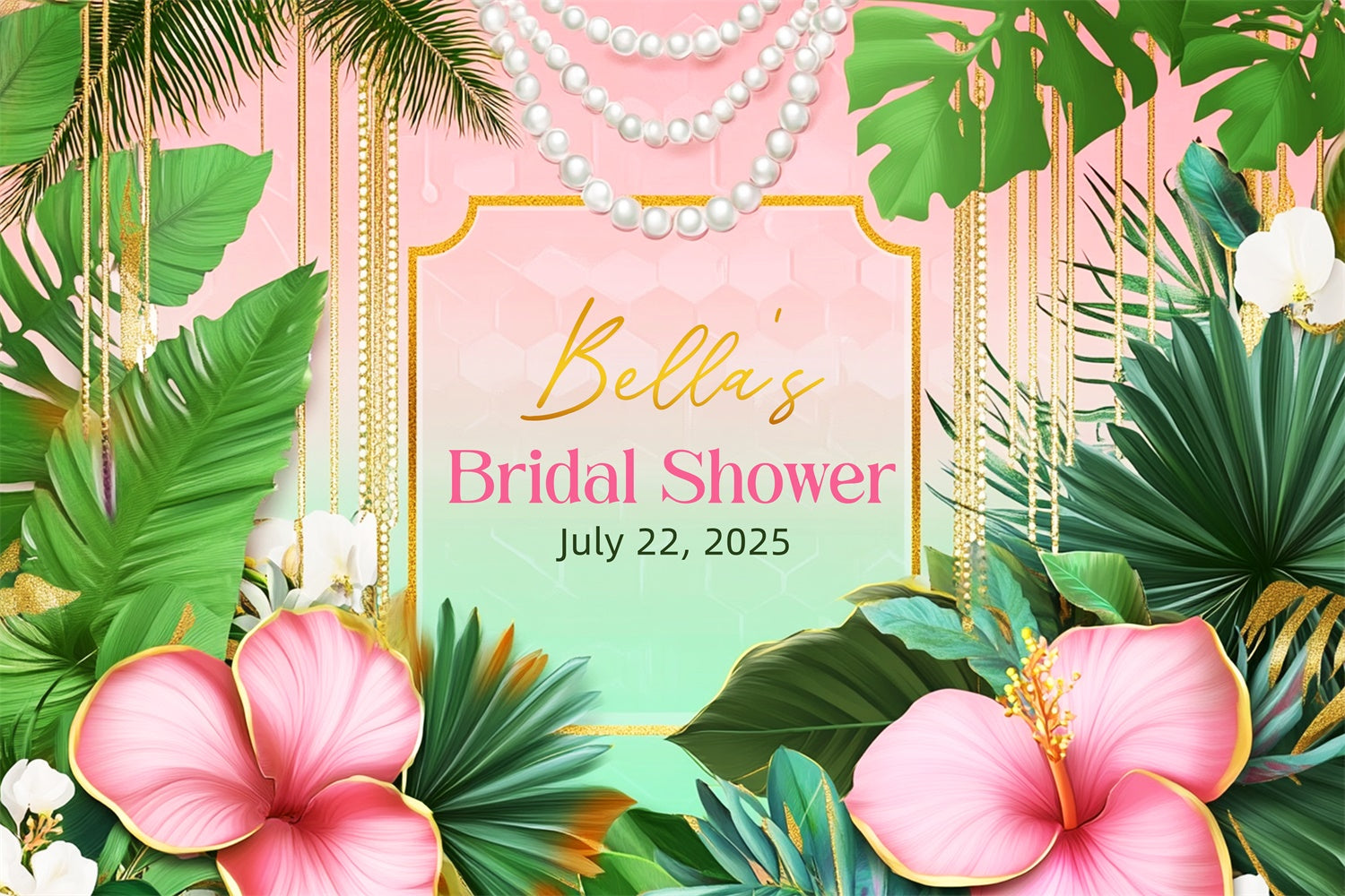 Custom Bridal Shower Photo Backdrop Tropical Palm Leaves Pearl Backdrop LXX3-142