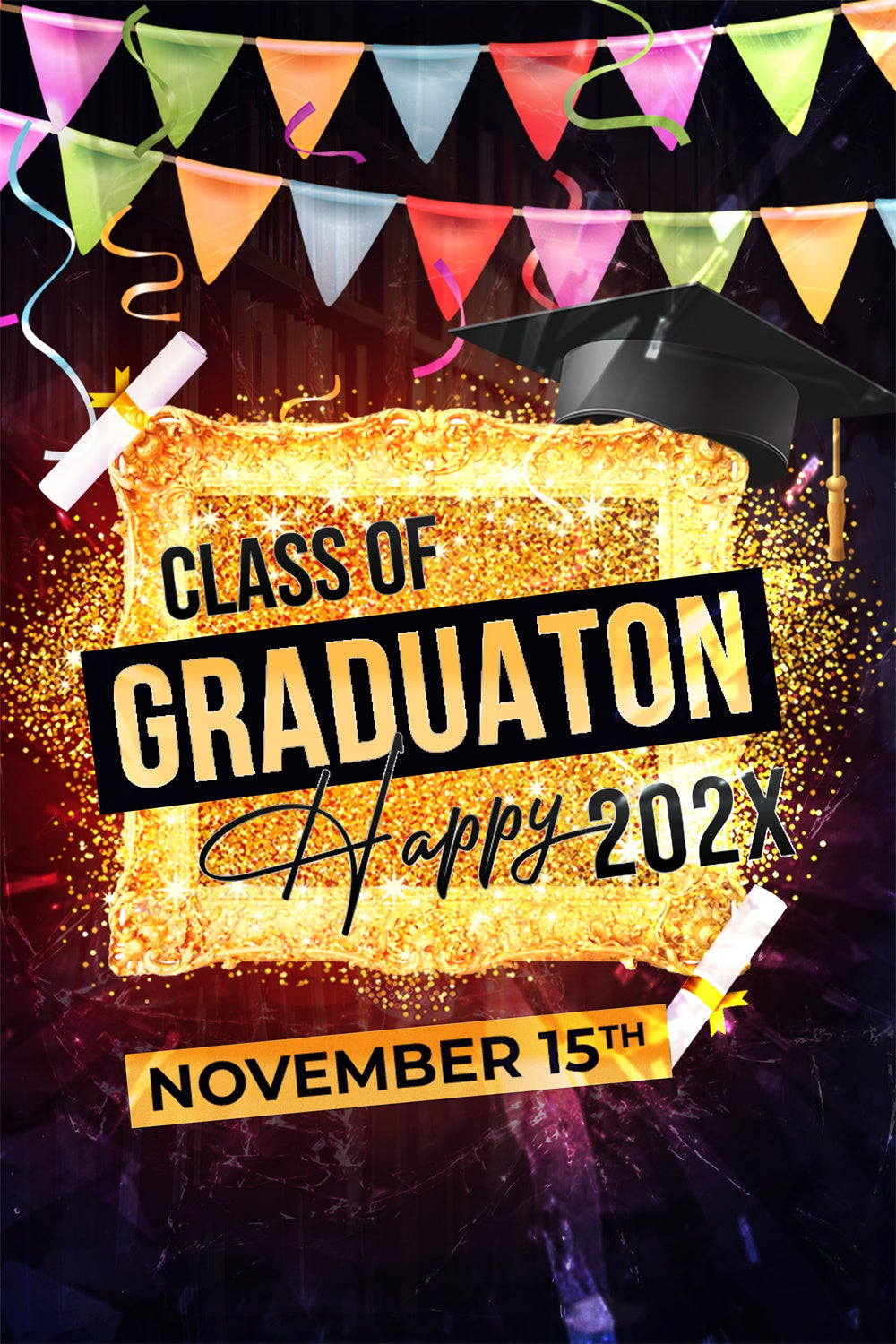 Custom Graduation Backdrop Golden Frame Sparkle Graduation Party Backdrop LXX3-146