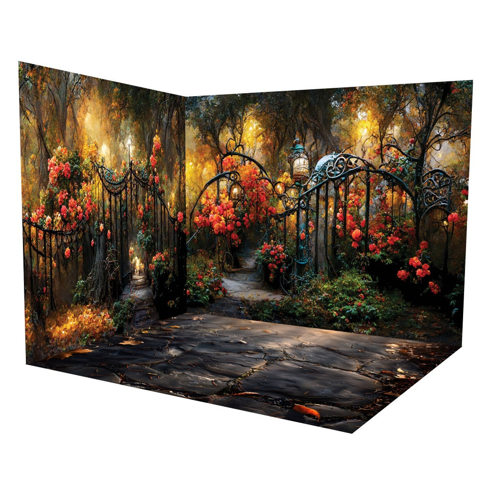 Floral Golden Forest Garden Iron Gate Backdrop Room Set LXX3-2